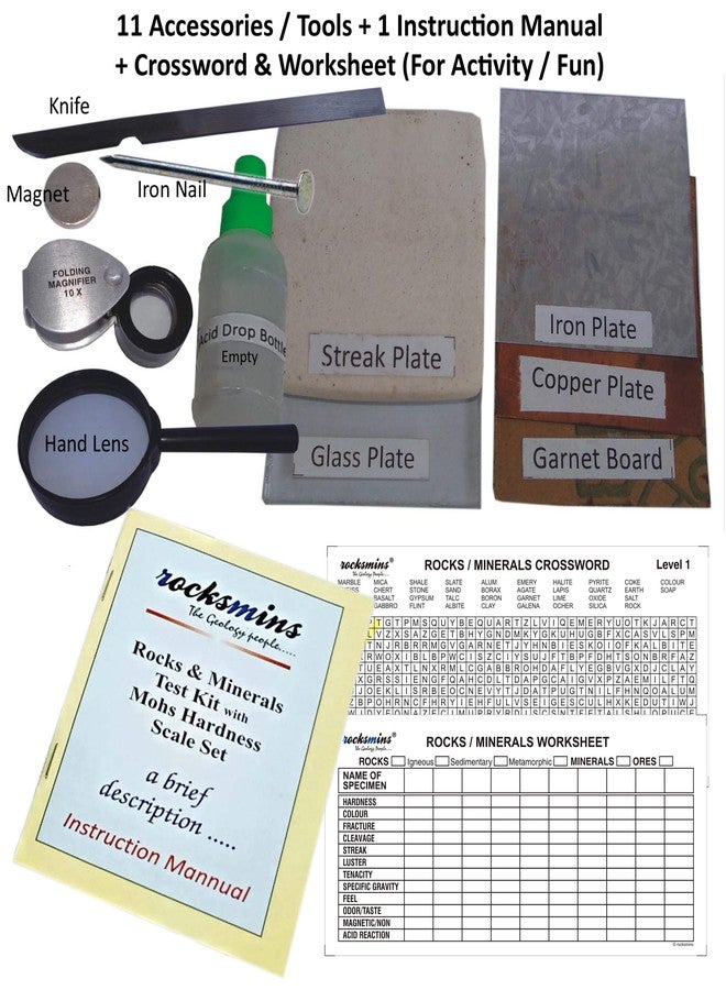 Rocksmins Collection of 50 Large Rocks & Minerals Specimen Activity Kit with 11 Accessories 1 Instruction Manual Crossword/Worksheet in Wooden Box for Students of School College Education Rock Mineral - Image 5